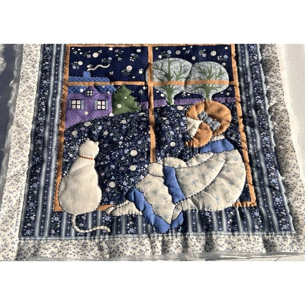 Vintage Handmade Applique Quilt Block Girl Cat Window Scene 15” Ozark Calico